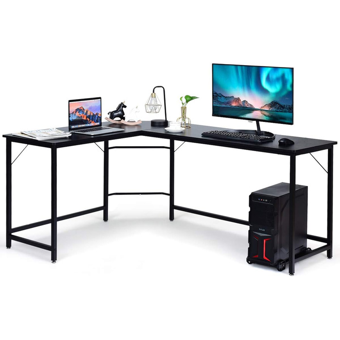 Кутовий комп'ютерний стіл COSTWAY L-подібний, дуб натуральний, 168x125x74 см, з підставкою для системного блоку, для домашнього офісу та геймінгу