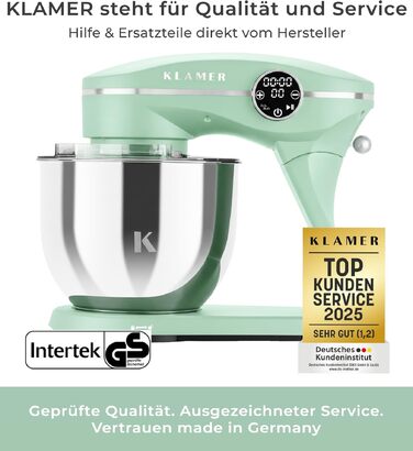 Кухонний комбайн KLAMER 1800W, планетарний міксер для тіста з чашею 6л з нержавіючої сталі, 10 швидкостей, таймером та набором насадок (Premium Mint)