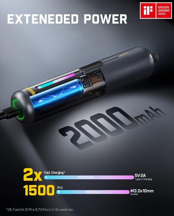 Акумуляторний шуруповерт Fanttik S2 Pro 3.7V, 7 моментів (0.5-6 Нм), 20 біт, адаптер 90°, для меблів та ремонту