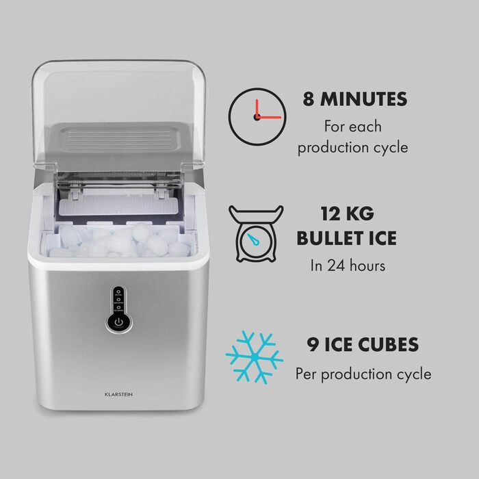 Машина для приготування льоду Klarstein Eiswürfelmaschine, 1.5L, 12 кг/день, срібна