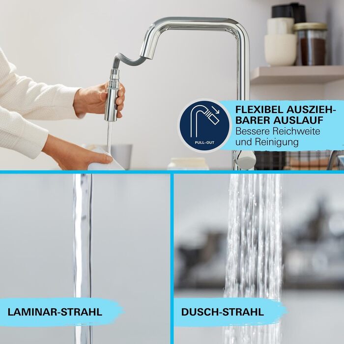 Змішувач кухонний GROHE StartEdge з висувним душем, поворотний на 360°, економія води, хром (30550000)