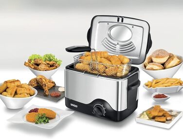 Фритюрниця Unold 58615, компактна, 1200 Вт, 1,5 л, нержавіюча сталь, чорна, з активованим вугільним фільтром, теплоізольований корпус