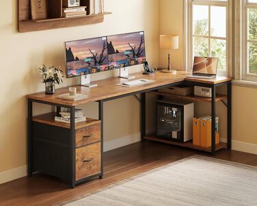 Кутовий письмовий стіл Coleshome з 2 шухлядами та полицею 140x80 см, з розеткою, для дому/офісу, коричневий