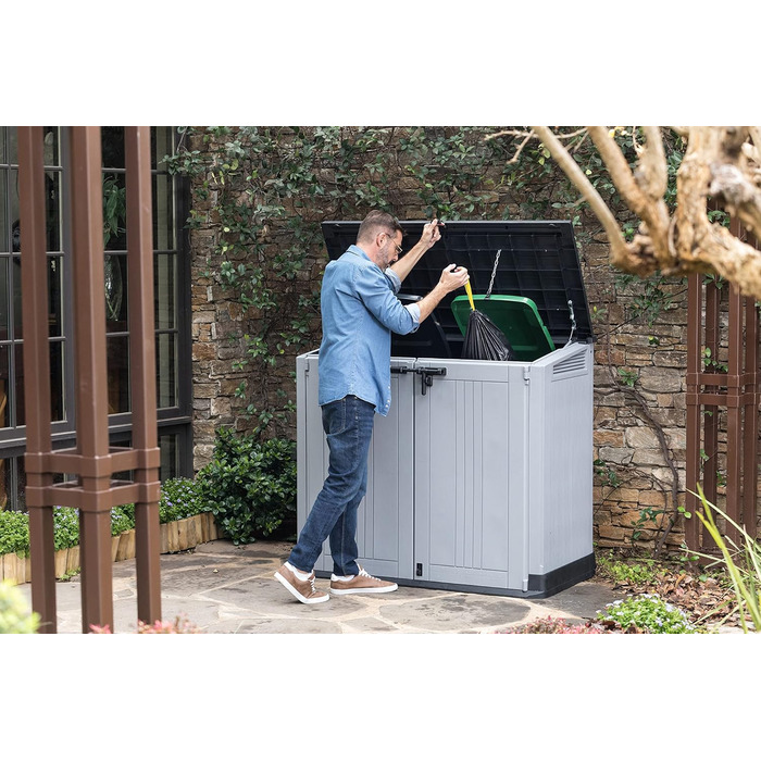 Keter Store It Out Nova пластиковий садовий сарай, 132x71,5x113,5 см, 880 л, для 2 сміттєвих баків по 120 л, вуличний, захист від негоди, замикається, світло-сірий