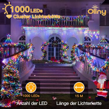 Світлодіодна гірлянда Ollny Cluster 1000 LED, 15м, багатоколірна (Bunt) — водонепроникна IP44 для вулиці, ялинки та декору, 8 режимів роботи та таймер