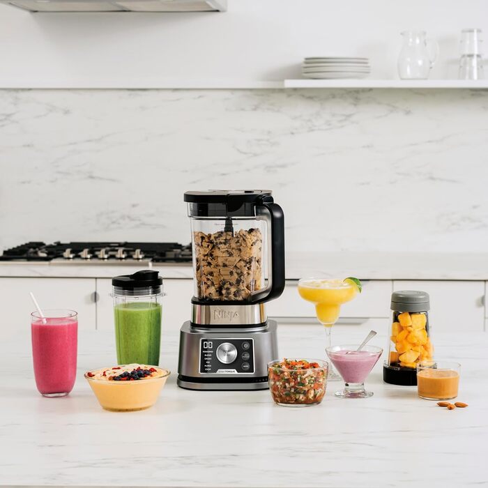 Блендер Ninja Foodi Power Nutri Mixer 3-в-1, 1200 Вт, автоматичні програми, для смузі, густих намазок і заморожених напоїв, 2,1 л глечик, 700 мл стакан і 400 мл чаша з Power-мішалкою, сріблястий, CB350EU