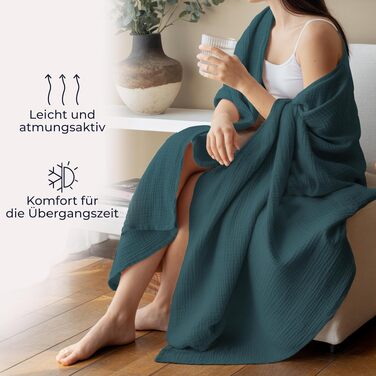 Муслінова покривало Dreamzie 220x240 см, 100% бавовна, колір петроль (темно-зелений)