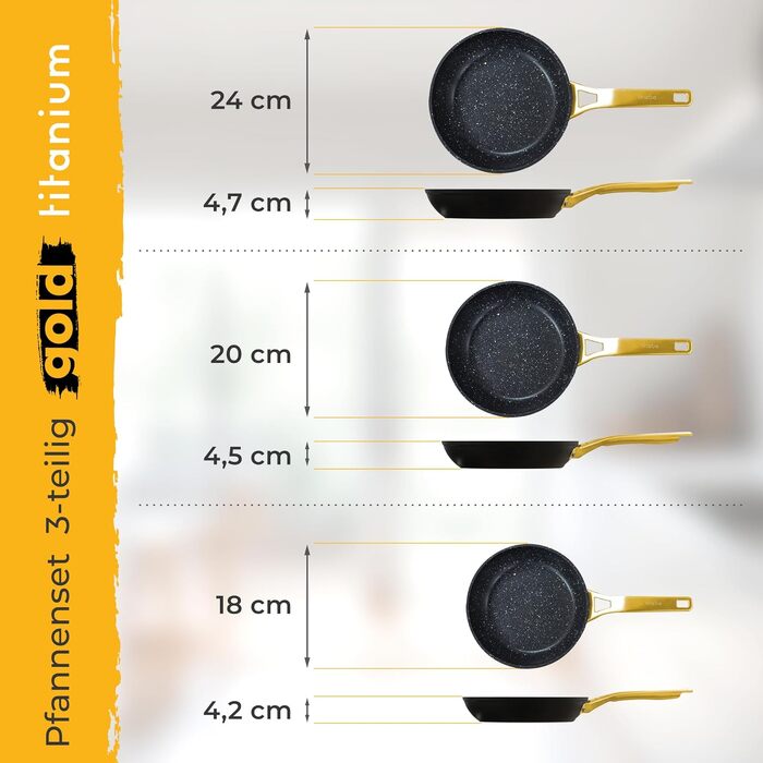 Набір сковорідок Briebe Gold Titanium 3 шт (20, 24, 28 см) з антипригарним покриттям, індукція. Алюміній, нержавіюча сталь.
