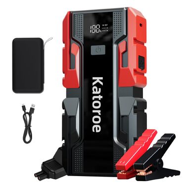 Бустерний пускач автомобіля 6000A з компресором 150 PSI, Powerbank для авто 12V (бензин до 10L, дизель до 8L), з LED-ліхтарем та дисплеєм, червоний