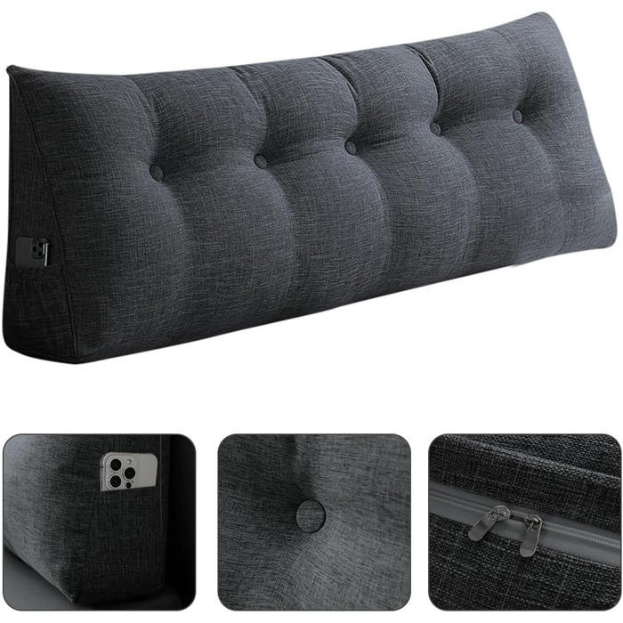 Подушка трикутна для спини OHMG 160x50x20 см темно-сіра з кишенею, для ліжка та дивана, знімний чохол