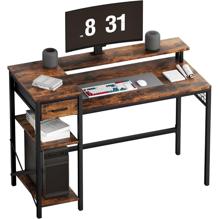 Ігровий стіл Oak & Tea 120x52 см з ящиками, регульованою полицею та тримачем для монітора – для навчання, ігор, роботи та дому. Колір: коричневий та чорний (вінтажний).
