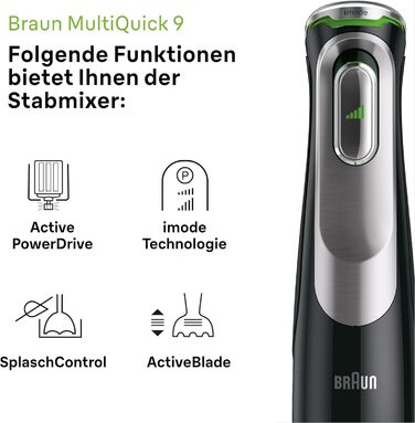 Блендер Braun MultiQuick 9 MQ 9147X 5-в-1, 1200 Вт, з насадками для подрібнення, пюре та збивання, чорний/нержавійка