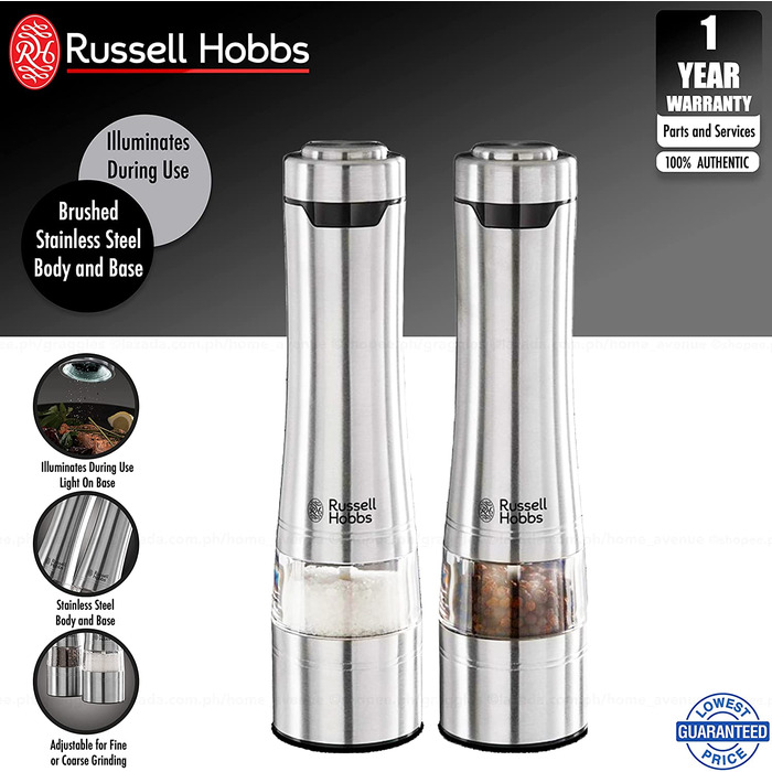 Електричний набір млинків для солі та перцю Russell Hobbs, 2 шт, нержавіюча сталь, керамічний механізм, регулювання помолу, LED підсвітка