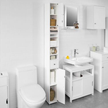 SoBuy BZR34-W Високий шафа для ванної з 5 полицями, 1 шухлядою та дверцятами, білий, 20x180x20 см