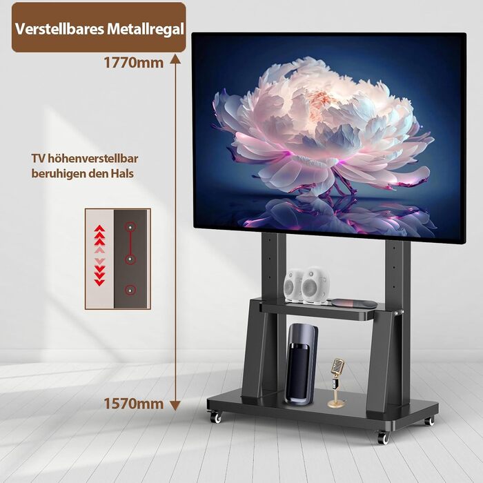 Мобільна тумба під телевізор Rollbarer 32-100 дюймів, на колесах, з регулюванням висоти, VESA 900x600, до 80 кг, для вітальні, спальні, офісу