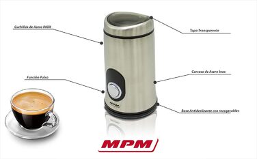 Електрична кавомолка MPM MMK-02M, 150 Вт, 50 г, нержавіюча сталь, імпульсний режим, для зернової кави