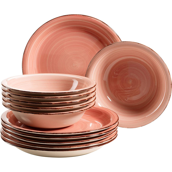 Набір тарілок MÄSER Bel Tempo II на 6 персон, 12 предметів, вінтажний стиль, рожевий, ручний розпис, кераміка