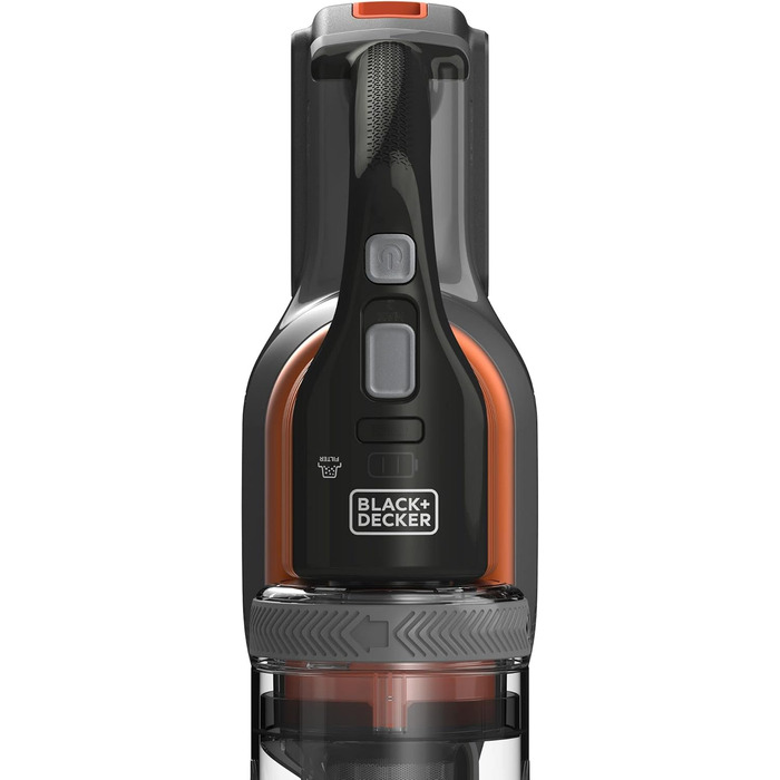 Акумуляторний пилосос BLACK+DECKER 4в1 18В 2.0Аг, безмішковий, для підлоги та ручний, з електрощіткою, бездротовий, комплект з насадкою для щілин, акумулятором, зарядним пристроєм і настінним кріпленням, Titanium/Orange