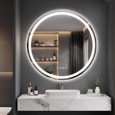Дзеркало для ванної кімнати Dripex круглої форми з підсвічуванням LED, сенсорне управління, регулювання яскравості, 3 кольори світла, запобігання запотіванню, 50x50 см