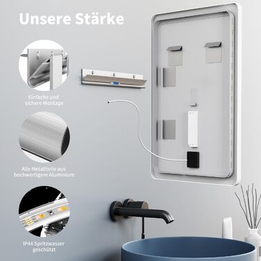 Дзеркало для ванної кімнати HOKO LED Texas 60x80 см з підсвічуванням, підігрівом проти запотівання та чорним металевим каркасом. Можливість монтажу HOCH+QUER. Сенсорне управління, перемикання світла 2700-6500K (тепле, холодне, нейтральне біле світло).