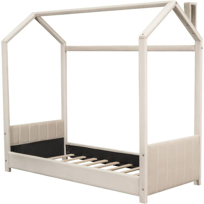Дитяче ліжко Merax 90x200 см, бежеве, з каркасом, підлогове, з узголів’ям і узніжжям, без матраца, для хлопчиків та дівчаток