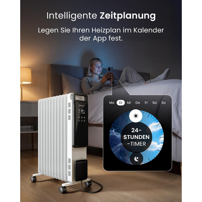 Розумний електричний масляний радіатор Pro Breeze 2500W, 11 секцій, керування через WLAN/App, з термостатом, таймером на 24г та сенсорним дисплеєм, білий