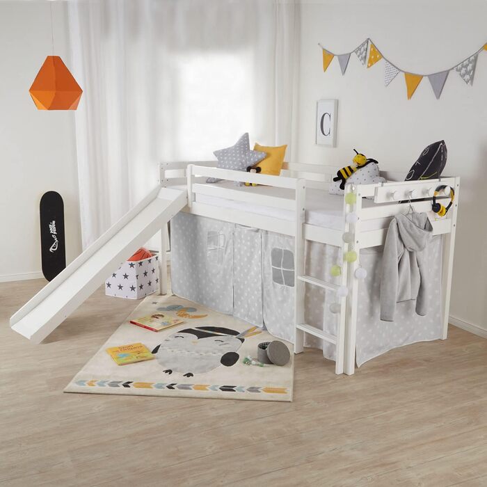 Дитяче ліжко-горище Homestyle4u 90x200 з гіркою, масивна сосна, біле, з ламелями, ігрове ліжко для підлітків