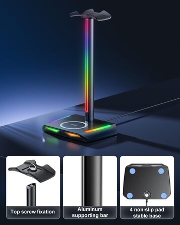 Підставка для навушників New bee RGB з бездротовою зарядкою, геймерська стійка для гарнітури з USB, 2 Type-C, 11 режимів підсвітки, чорна (Z12)