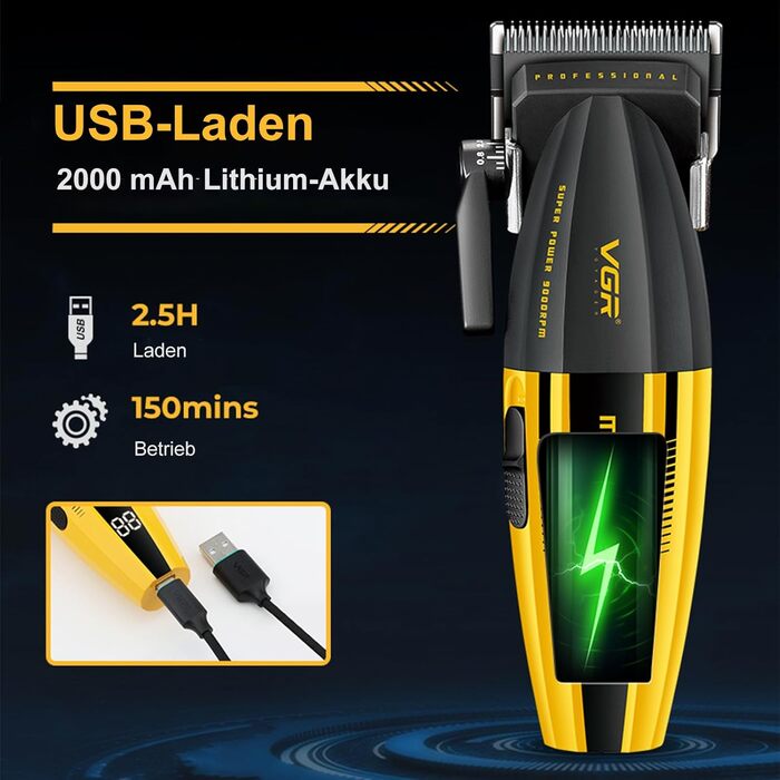 Машинка для стрижки VGR 285 Fresh Fade професійна, акумуляторна, 9000 об/хв, з LED-дисплеєм для чоловіків