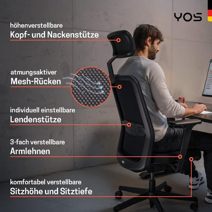 Офісний стілець YOS S5 з підтримкою спини та голови, чорний. Ergonomічний стілець до 150 кг, Made in Germany