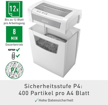 Шредер Leitz IQ Office S: Безпека P4, 12 листів, тиха робота, для офісу, білий