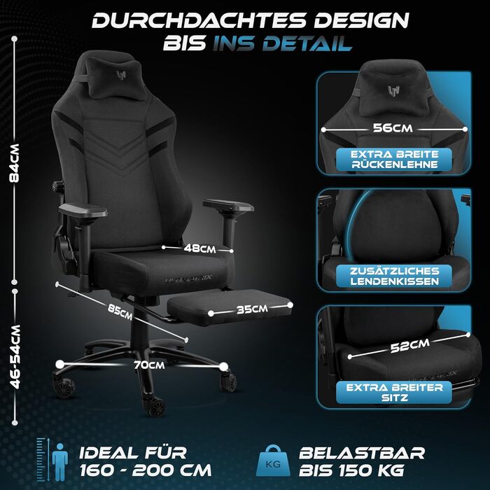 Ігрове крісло Ultimatrix FURY Ergonomic: з підтримкою попереку, 4D-підлокітниками, підніжкою та дихаючою тканиною, витримує до 150 кг, чорне