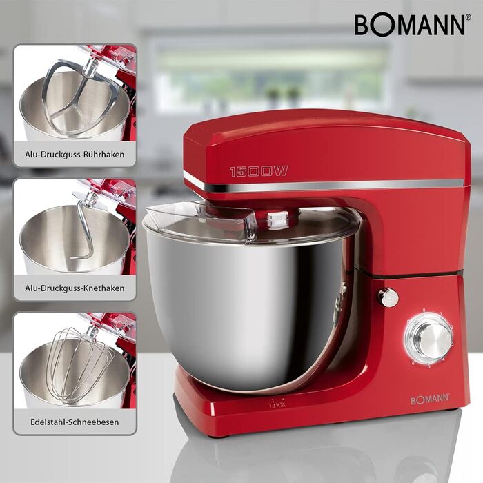 Кухонна машина Bomann KM 6036 CB червона: 1500 Вт, 10 л чаша, 8 швидкостей, для приготування тіста до 6 кг