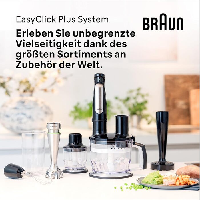 Блендер Braun MultiQuick 7 MQ 7045X, 1000 Вт, ручний, знімна нержавіюча ніжка, технологія ActiveBlade, набір з 4 насадок, чорний