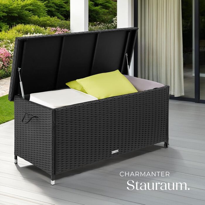 Ящик для зберігання вуличний Tectake Poly Rattan 270л, чорний - водонепроникний, з замком, колісний, для саду, тераси, меблів