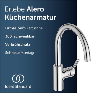 Змішувач кухонний Ideal Standard Alero з висувним душем, поворотний 360°, економія води 12 л/хв, хром (C-вилив)