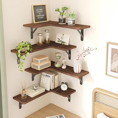 Кутові полиці Fixwal, плаваючі, настінні, комплект з 5 шт., дерев'яні полиці для ванної, кухні, спальні або вітальні (Чорний карбонізований)
