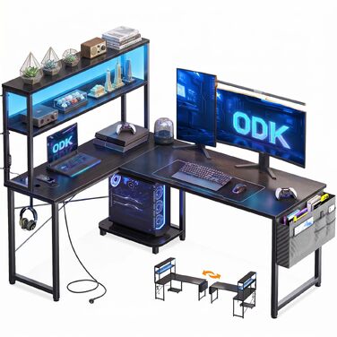 Ігровий кутовий стіл ODK Gaming з LED-підсвіткою, полицею-дисплеєм та розеткою, 135×100 см, чорний
