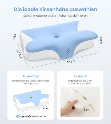 Ортопедична подушка з піни Memory Foam 2-в-1 для сну на боці, спині та животі, 60x41.5x10/12 см (Біло-синя)