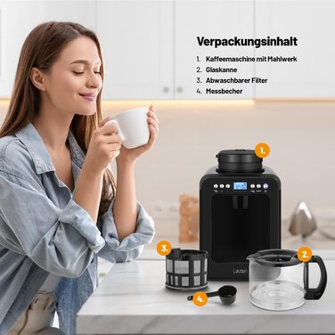 Кавоварка Lauben Grind&Drip 600BB з вбудованим млинком, мийним фільтром, авто відключенням, антикрапельною технологією, 4 чашки