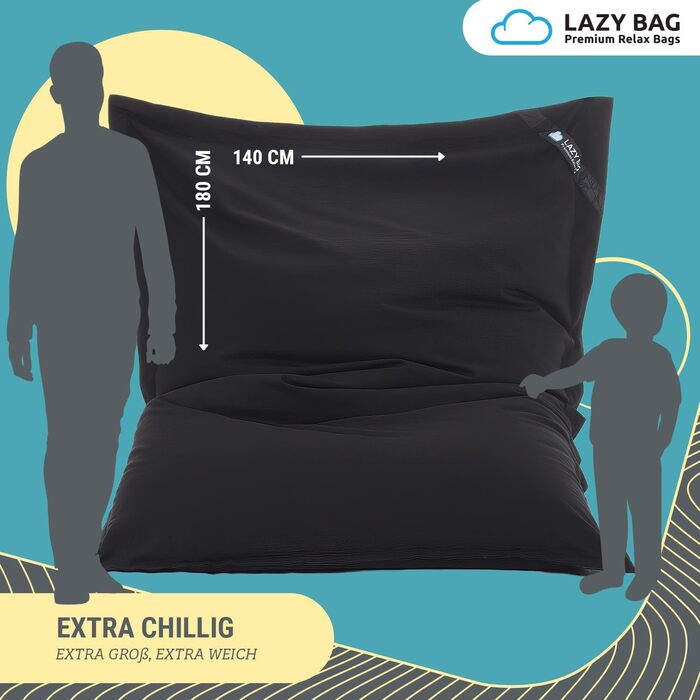 Оригінальний мішок-крісло LAZY BAG XXL 180x140 см, 400 л, бавовна, ергономічний, чорний, знімний чохол