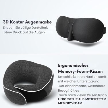 Подушка для шиї ProGlobe, 100% Memory Foam, ортопедична, для подорожей (літак, авто, поїзд), з маскою для сну, сітчаста сумка (темно-сірий)