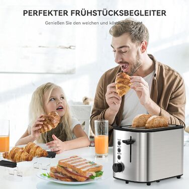 Тостер KitchenBoss Edelstahl на 2 тости: з підставкою для булочок, знімним піддоном для крихт, 6 рівнів підсмажування, автовимкнення, розморожування та підігрів - 870 Вт