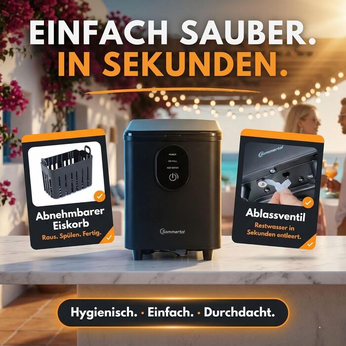 Sommertal EM12S Льодогенератор 12 кг/24 год: Машина для льоду з ручкою, швидке виробництво кулеподібного льоду (0,3 кг за 20 хв), тиха робота (50 дБ) для кухні, офісу та вечірок