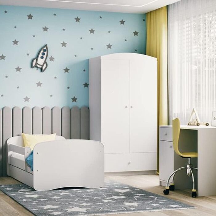 Дитяче ліжко Kids Collective 160x80 см з бортиком, ламелями та висувною шухлядою, біле, скандинавський стиль для дівчаток і хлопчиків