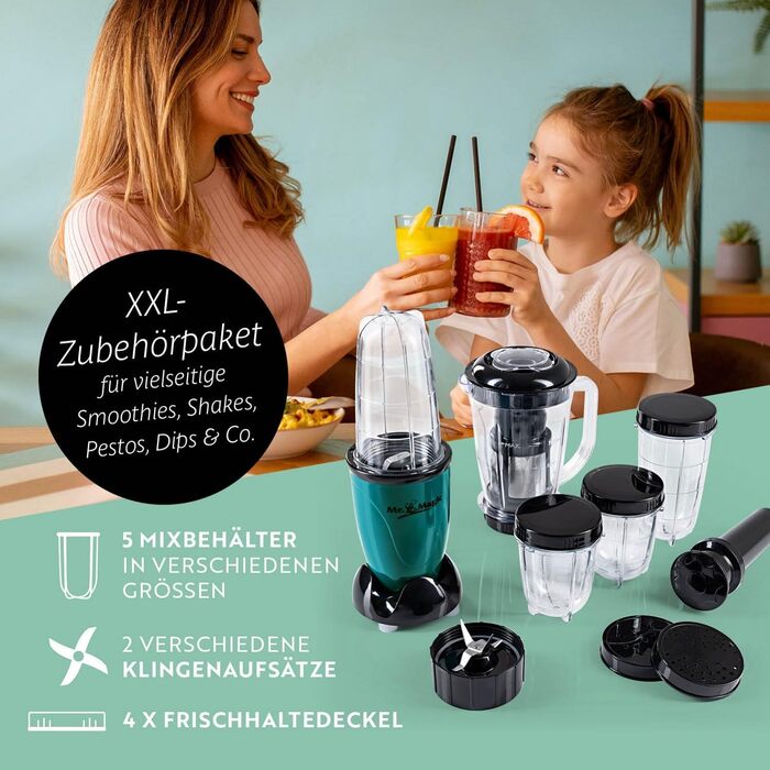 Смузі-мейкер та блендер GOURMETmaxx 400 Вт, 18 предметів, електричний міксер 750 мл з 4 чашами To-Go, 2 лезами, соковижималкою, штовхачем і кришками, без BPA, для кухні, зелений/чорний