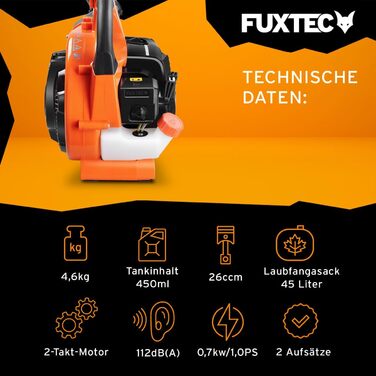 ФУКСТЕК Бензиновий Листозбір 4в1 FX-LBS126, 2-тактний Листоподіймач та Подрібнювач, 2 Труби та 45л Збірник – Перевірена Верхня Лінія, Швидкість Повітря 71 м/с