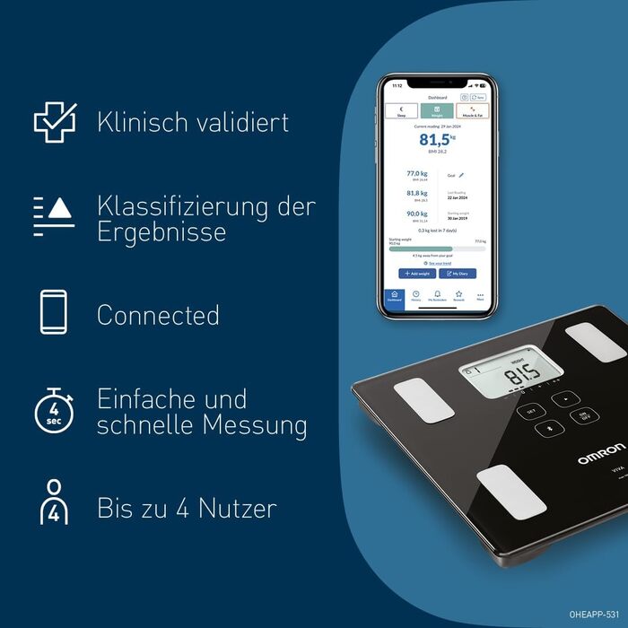 OMRON VIVA – розумні ваги-аналізатор складу тіла з Bluetooth, додатком, вимірюванням жиру, ваги, вісцерального жиру, м’язової маси, базального метаболізму та ІМТ; для 4 користувачів, тонометр з Bluetooth; рейтинг 'Добре' 10/24 від Stiftung Warentest