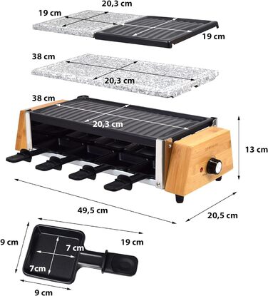 Раклетниця Syntrox Germany 1200 Вт у дерев'яному стилі з комбінованими плитами: гарячий камінь і гриль-пластина, 7,5 кг
