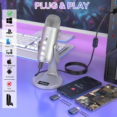 Zealsound USB мікрофон K66 сріблястий для подкастів, ПК, смартфонів, PS4/5, з шумозаглушенням, кнопками вимкнення/ехо/гучності, для ігор, запису, стрімінгу, YouTube, сумісний з Mac, Windows, Android